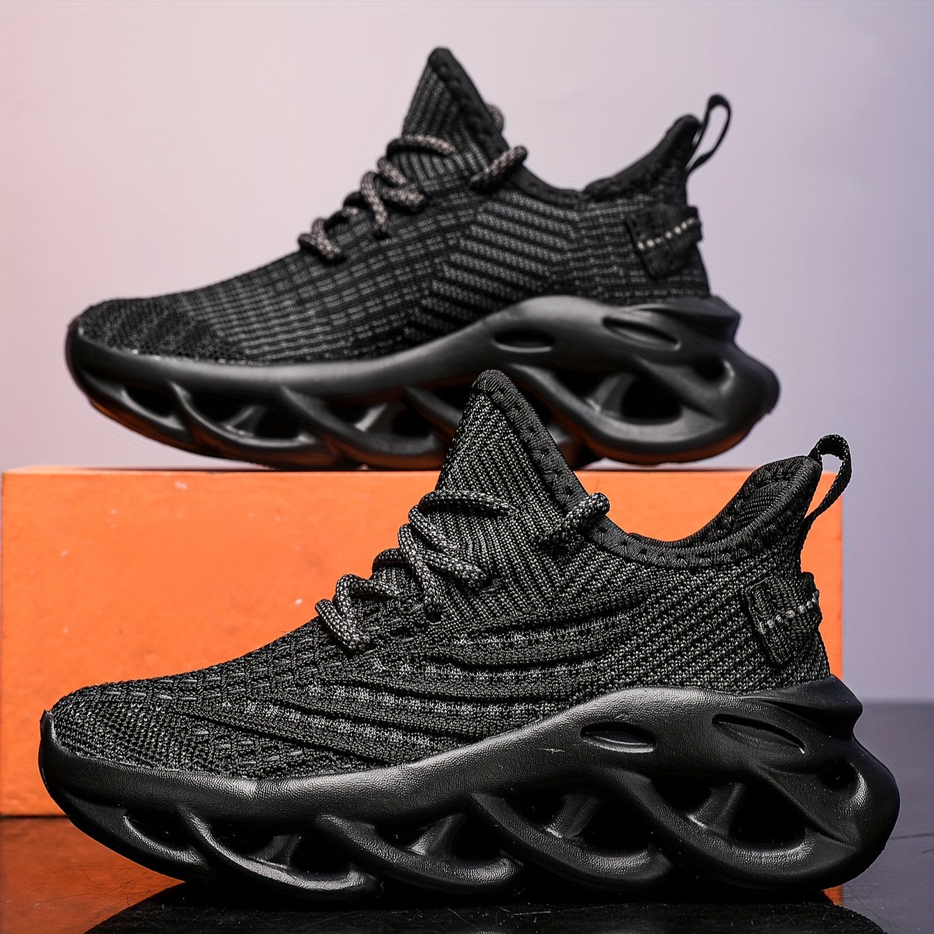 Youngsters' Breathable Woven Knit Blade Sneakers - Non-Slip Soft EVA Sole, Slip-On Low-Top Design for Outdoor Activities, Black (Boys & Girls), Kid Shoes,