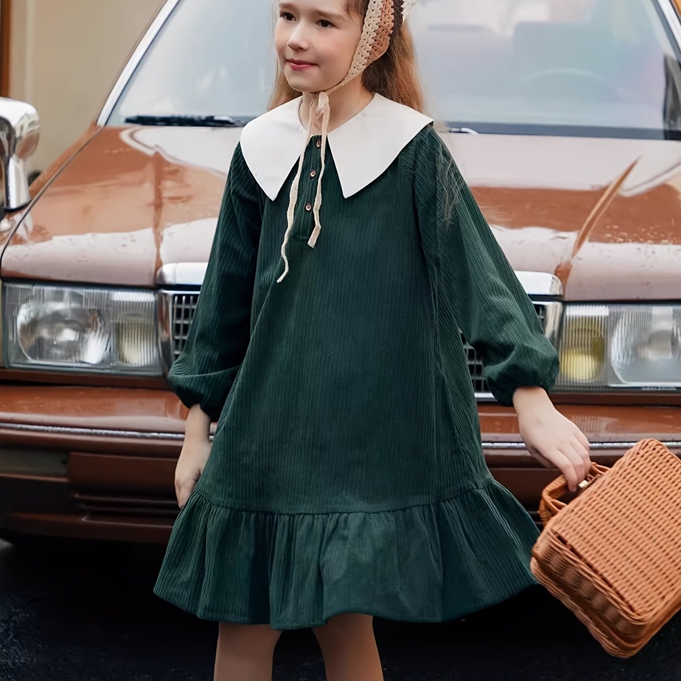 Vintage Girls' Dress Midi Length Long Sleeve Vintage Girls' Dress, Polyester, Solid Color Block,