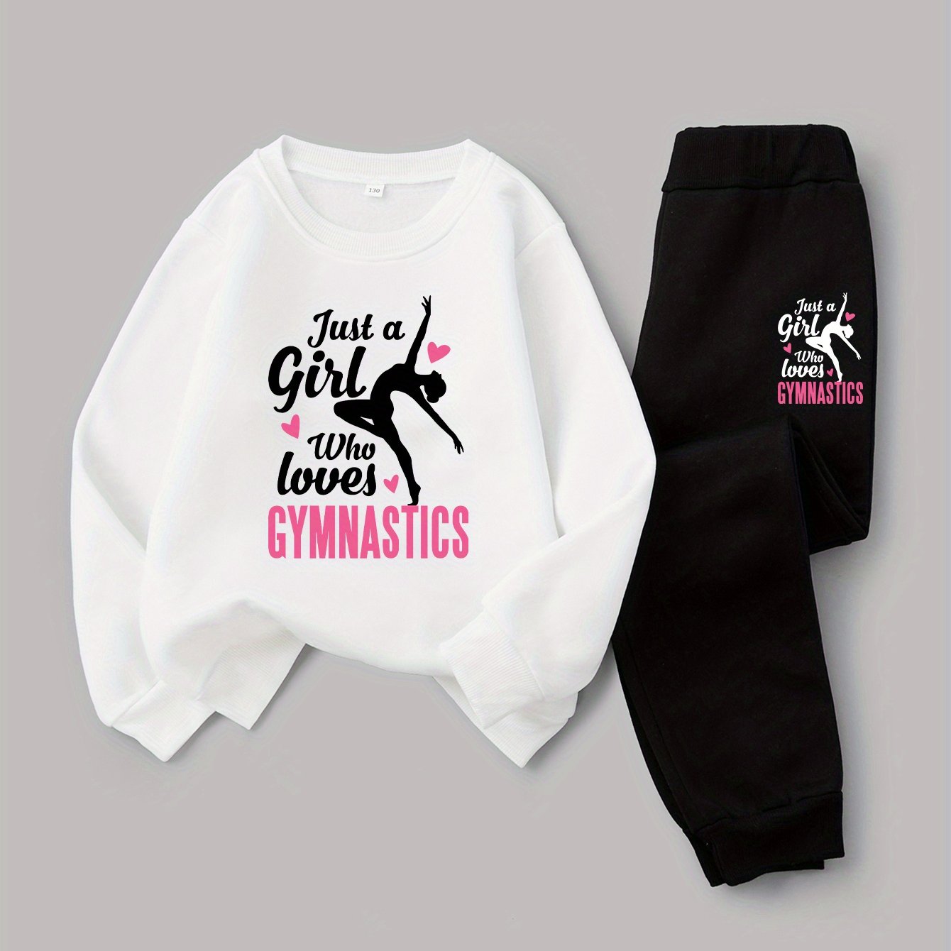 Cozy & Cute Girls' 2pcs Set: 'Just A Girl Who Loves Gymnastics' Printed Sweatshirt and Fleece-Lined Joggers - Perfect for Fall\u002FWinter, Round Neck,