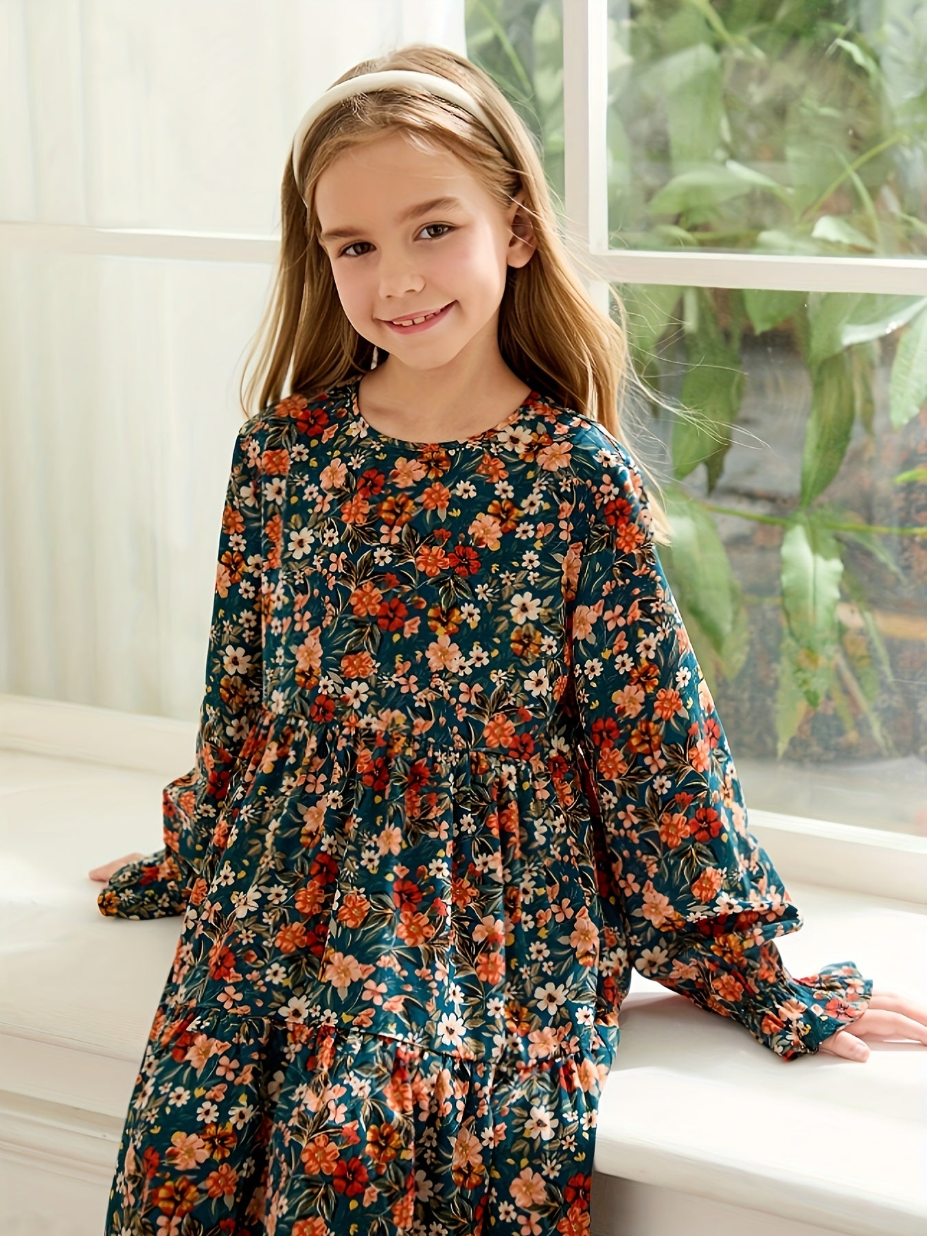Girls' Floral Print Ruffle Sleeve Dress with Ruffled Hem - Mid-Length A-Line Dress for Fall\u002FWinter, Crew Neck, Non-Stretch Fabric,