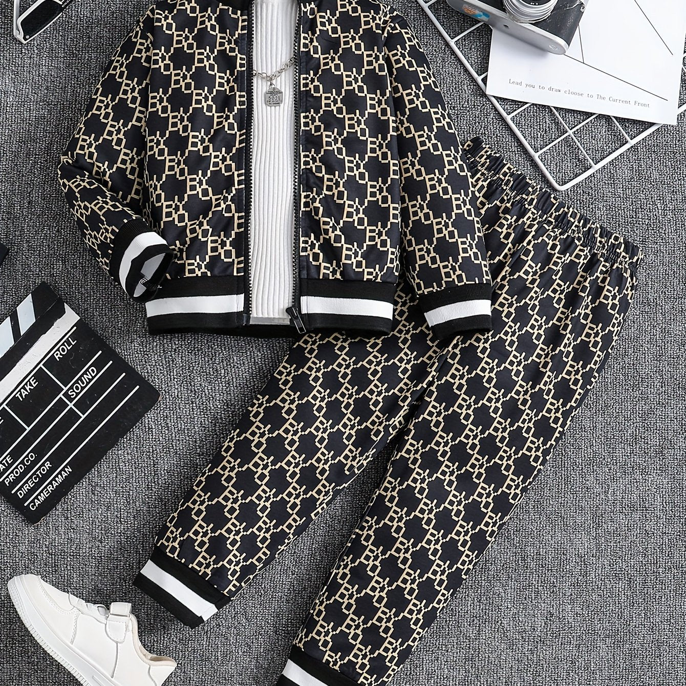 Boy's Trendy 2pcs Co Ord Set, Long Sleeve Stand Collar Zip-up Jacket & Elastic Waistband Trousers, Geometric Pattern Design,