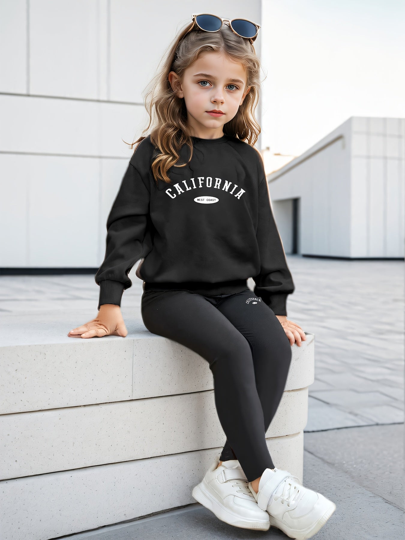 Girls' Vintage Letter Print Sweatshirt and Leggings Set, Polyester Blend, Casual Style, Machine Washable