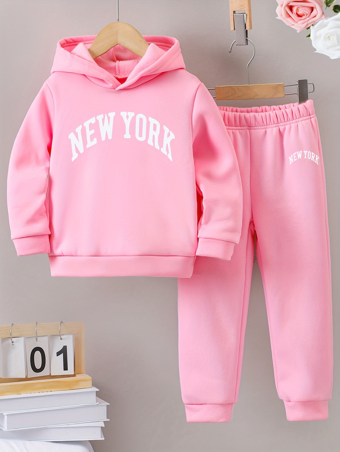 Girls Autumn and Winter Six-piece Set with English Pattern Print, Warm and Fleece-lined