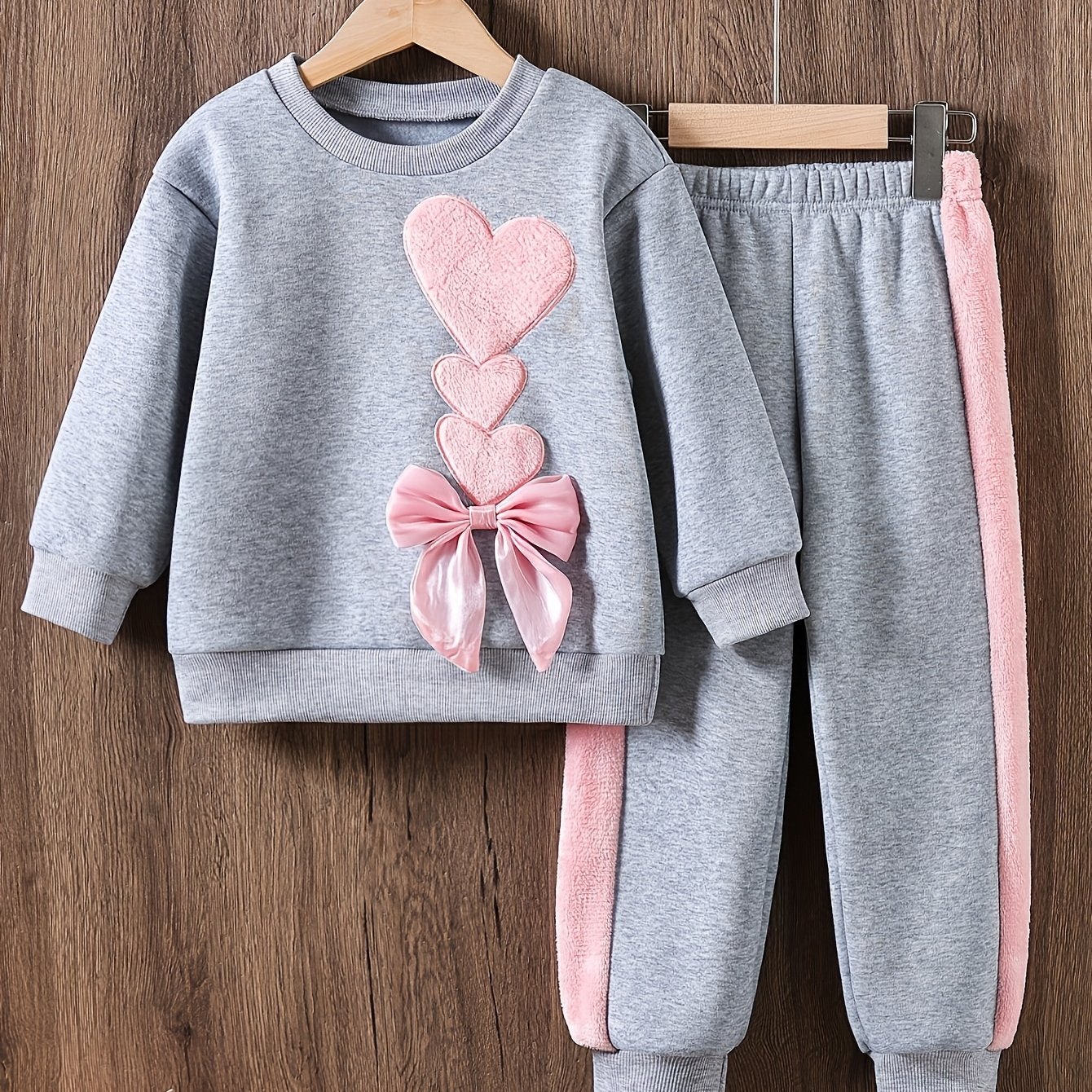 Girls' 2pcs Outfit Set, Casual Crew Neck Long Sleeve Top with Heart & Bow Embroidery, Rib-Knit Polyester, Non-Stretch Knit Fabric, Regular Fit,