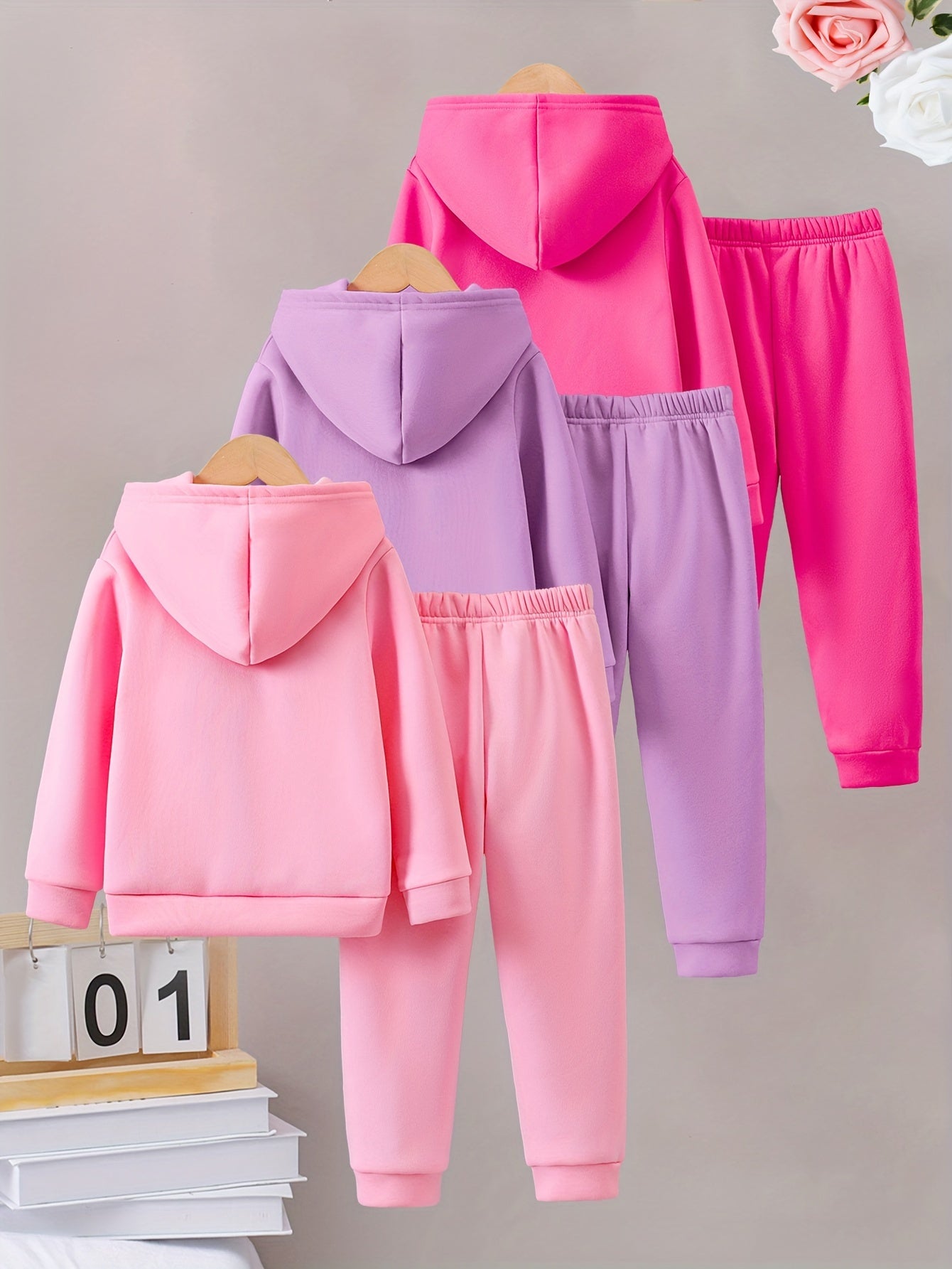 Girls Autumn and Winter Six-piece Set with English Pattern Print, Warm and Fleece-lined