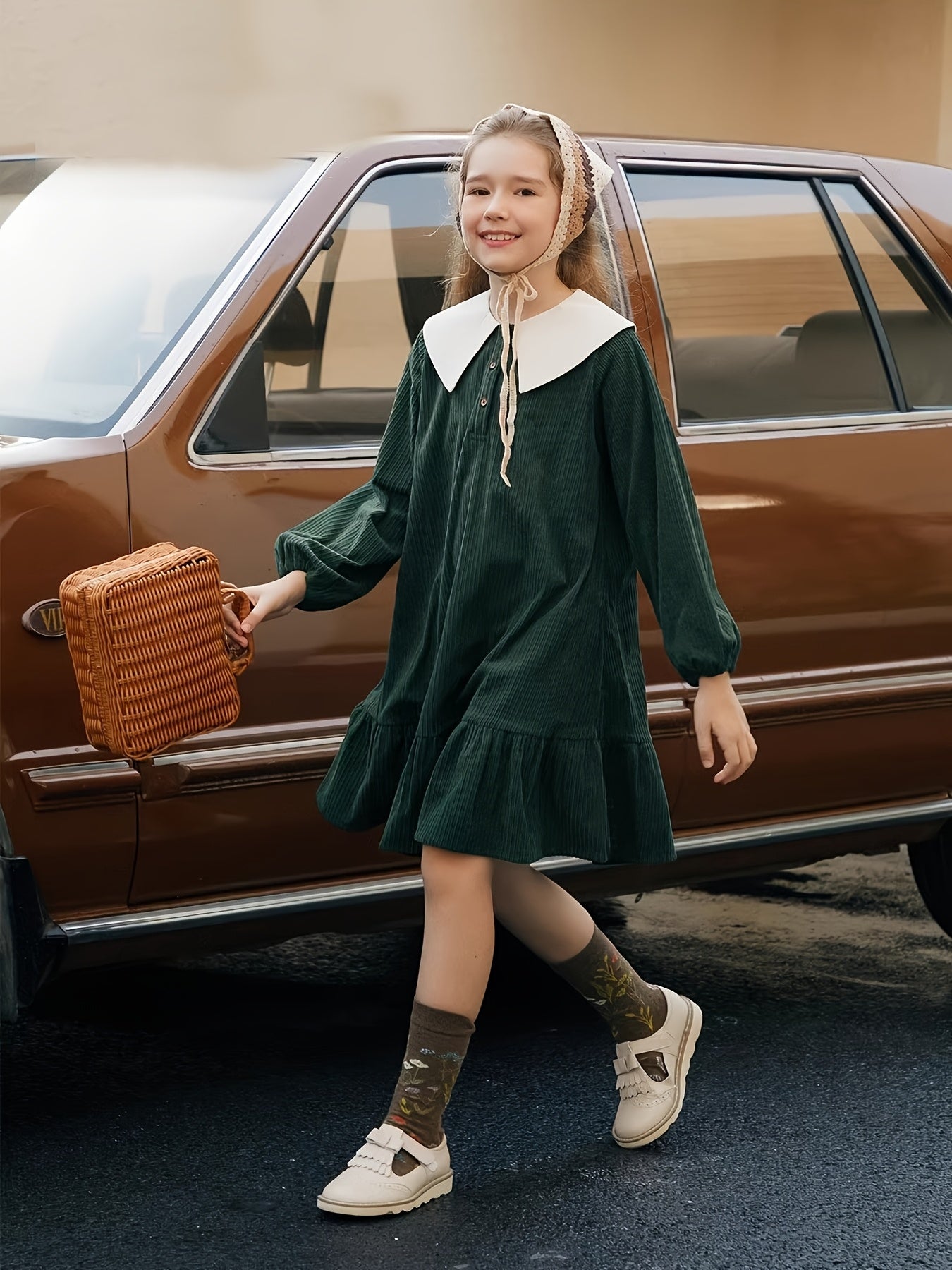 Vintage Girls' Dress Midi Length Long Sleeve Vintage Girls' Dress, Polyester, Solid Color Block,