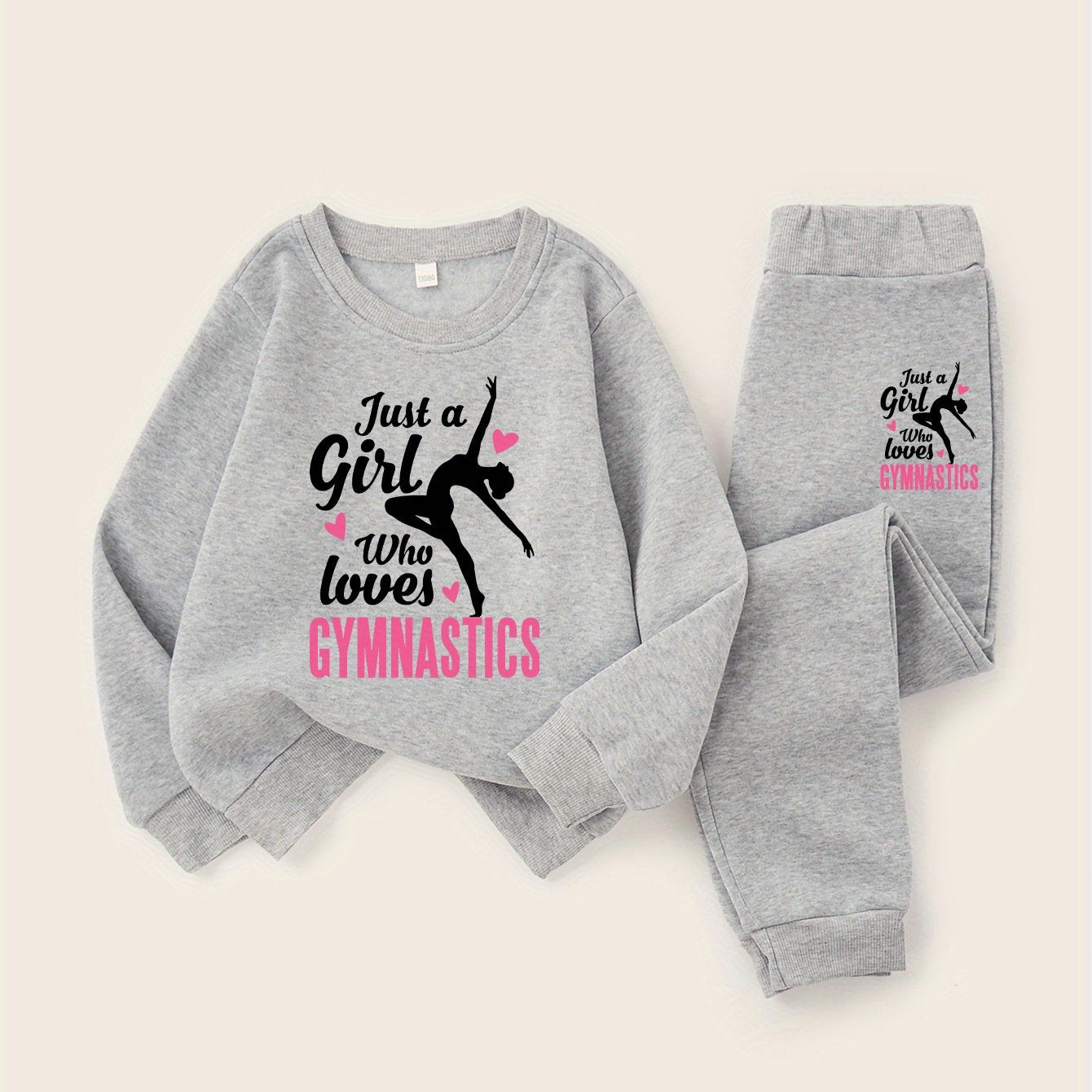 Cozy & Cute Girls' 2pcs Set: 'Just A Girl Who Loves Gymnastics' Printed Sweatshirt and Fleece-Lined Joggers - Perfect for Fall\u002FWinter, Round Neck,
