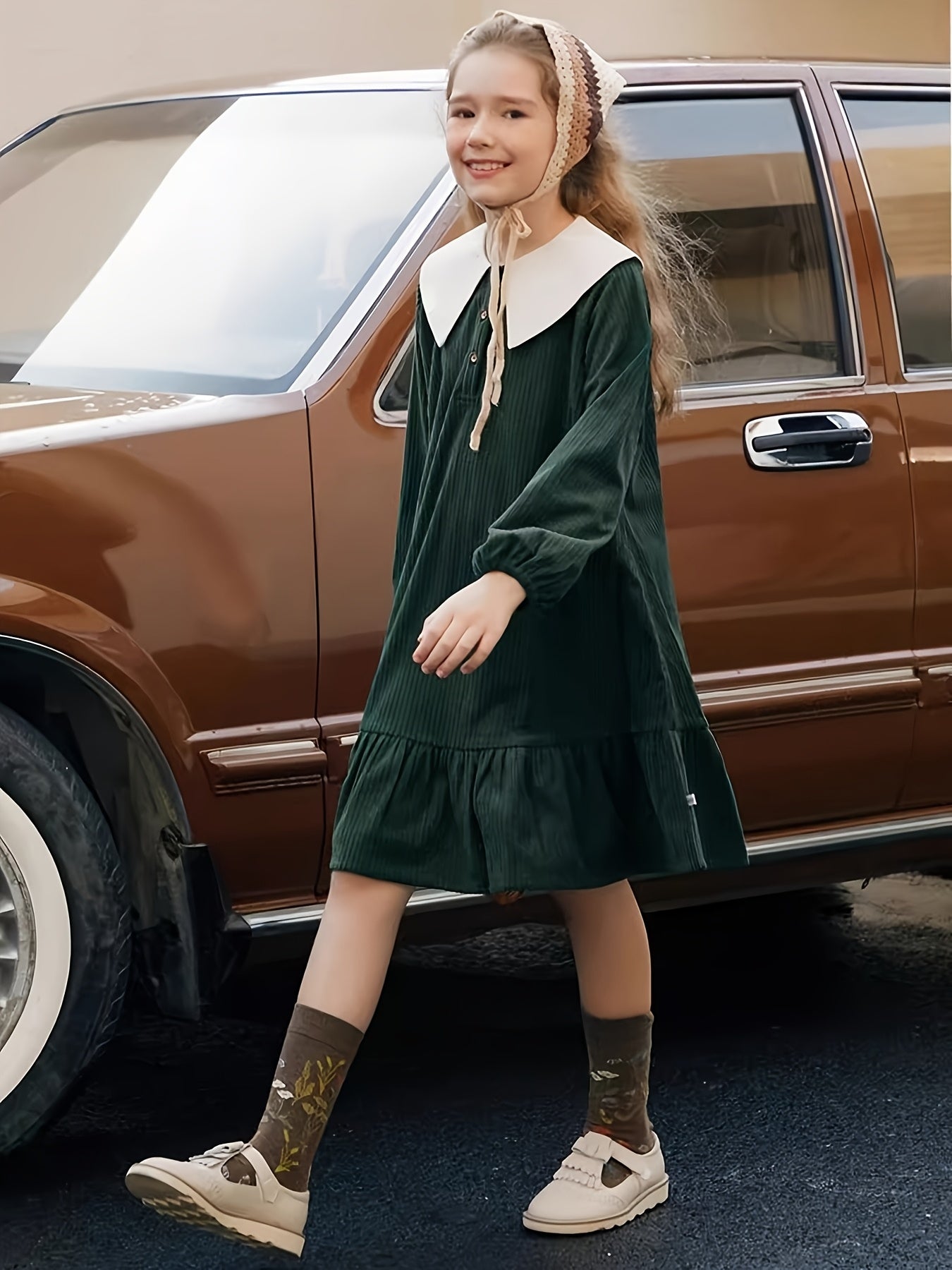 Vintage Girls' Dress Midi Length Long Sleeve Vintage Girls' Dress, Polyester, Solid Color Block,