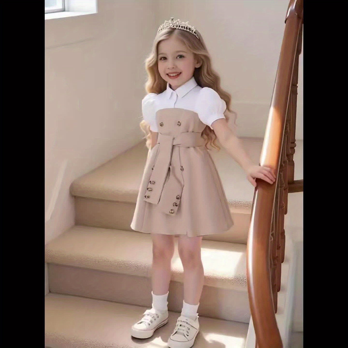 This double-breasted retro puffed-sleeve dress features a combination of white and khaki colors. The dress is simple and elegant,