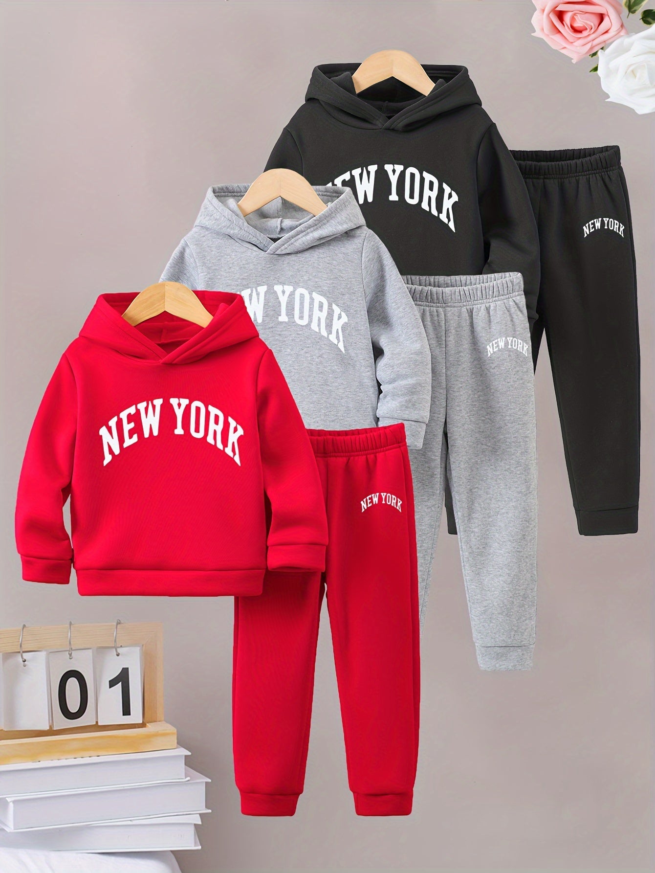 Girls Autumn and Winter Six-piece Set with English Pattern Print, Warm and Fleece-lined