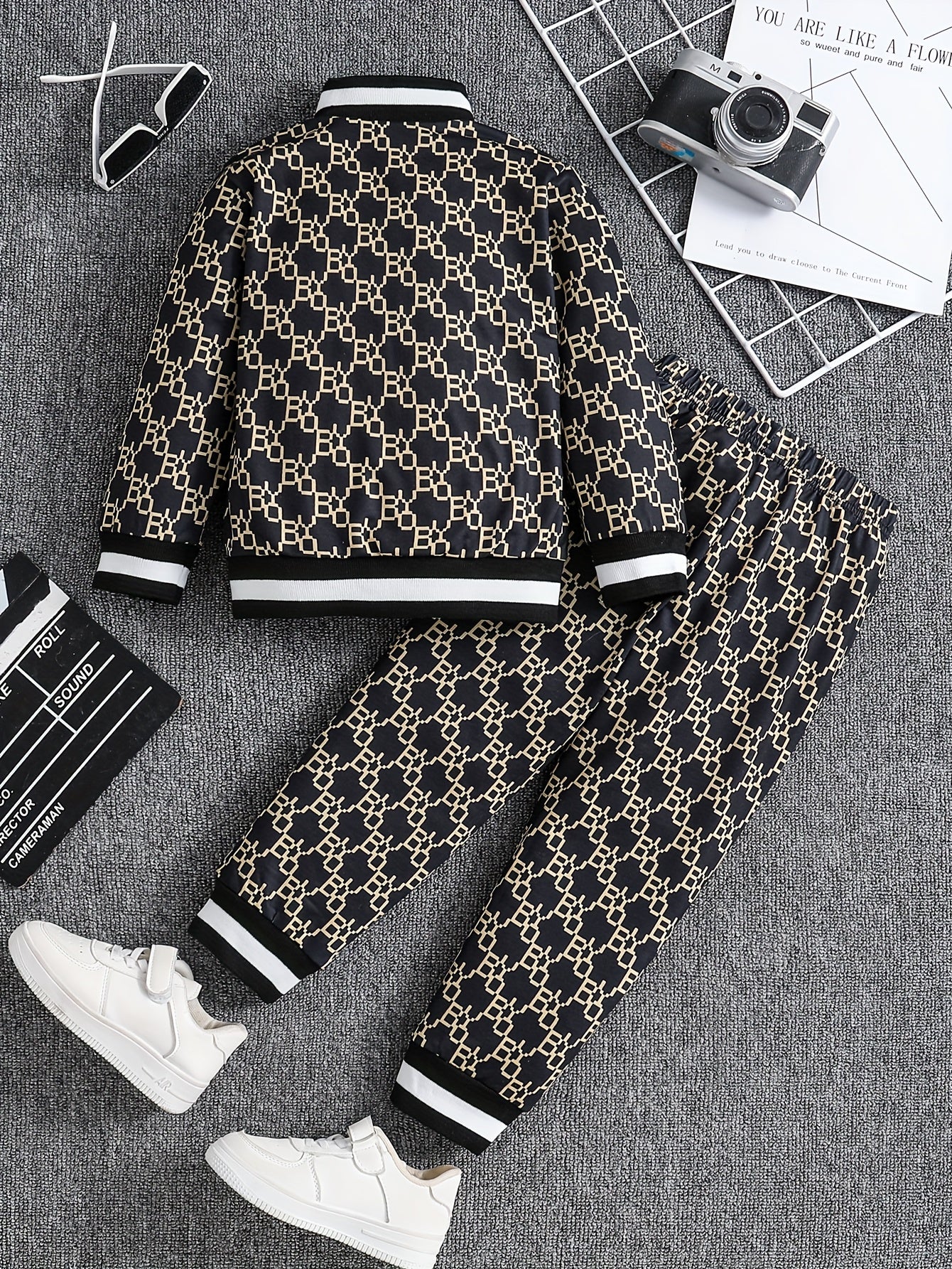 Boy's Trendy 2pcs Co Ord Set, Long Sleeve Stand Collar Zip-up Jacket & Elastic Waistband Trousers, Geometric Pattern Design,