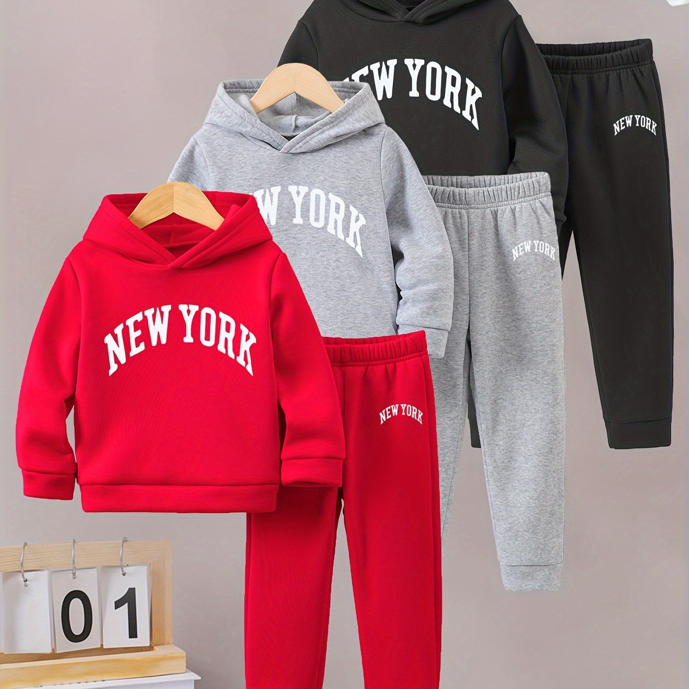 Girls Autumn and Winter Six-piece Set with English Pattern Print, Warm and Fleece-lined