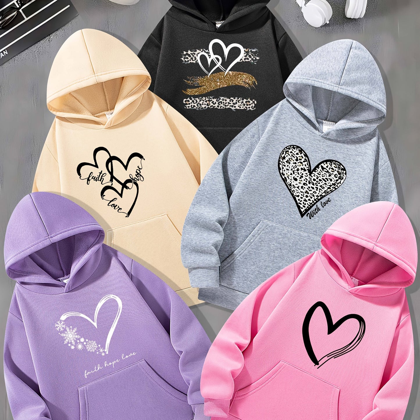 Girls' 5pcs Heart & Snowflake Print Hoodie Set, Long Sleeve Casual Polyester Blend, Machine Washable,