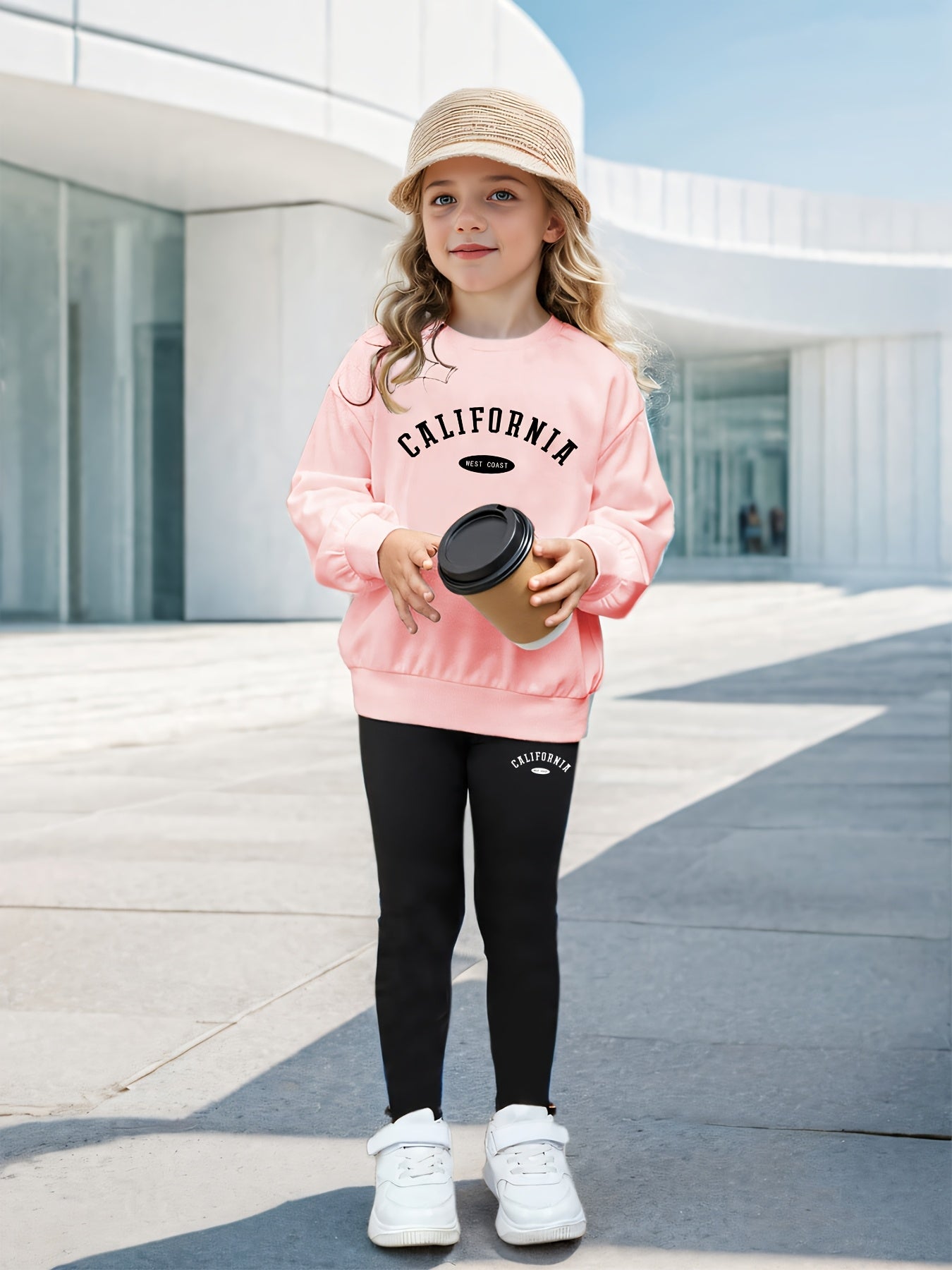 Girls' Vintage Letter Print Sweatshirt and Leggings Set, Polyester Blend, Casual Style, Machine Washable