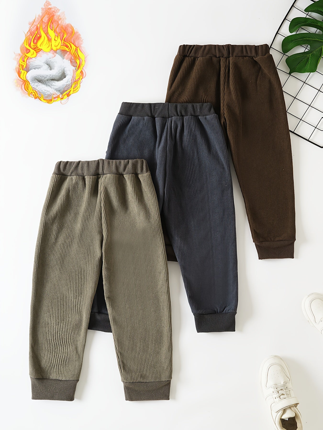 Boys' 3pcs Warm Fashion Casual Sports Pants with Pockets, Corduroy Blend Fleece Lined Fabric for Outdoor Autumn\u002FWinter