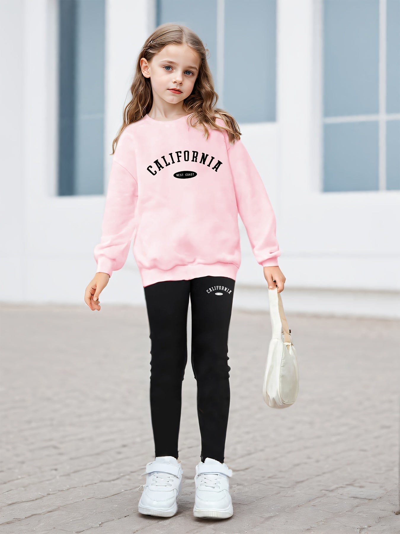 Girls' Vintage Letter Print Sweatshirt and Leggings Set, Polyester Blend, Casual Style, Machine Washable