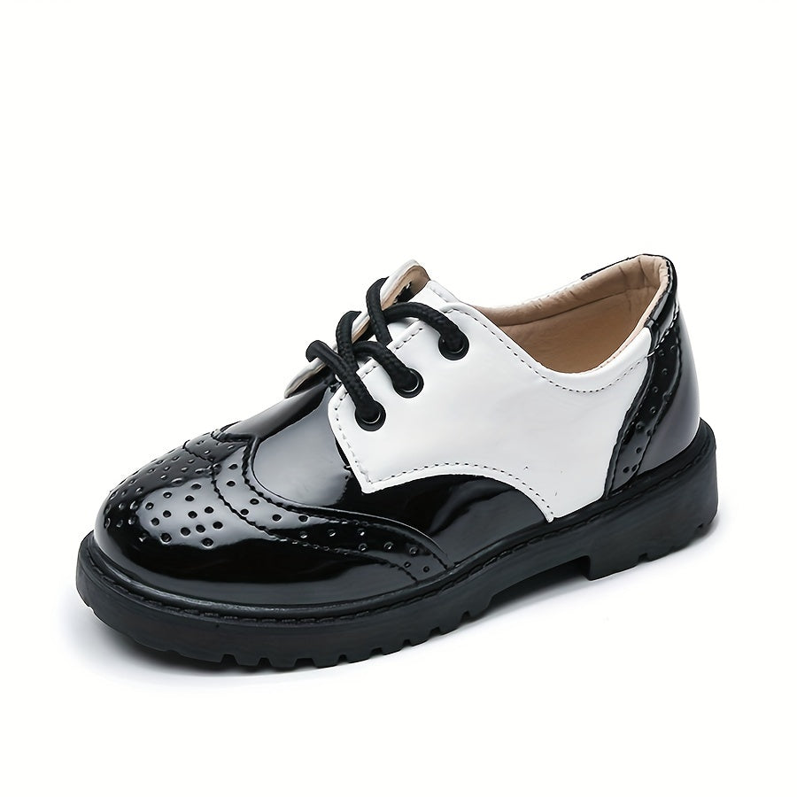 Boys' School Style Lace-Up Shoes - Black & White Faux Cover Dress Shoes with Soft Sole, Round Toe, and Decorative Perforations for Weddings, Parties