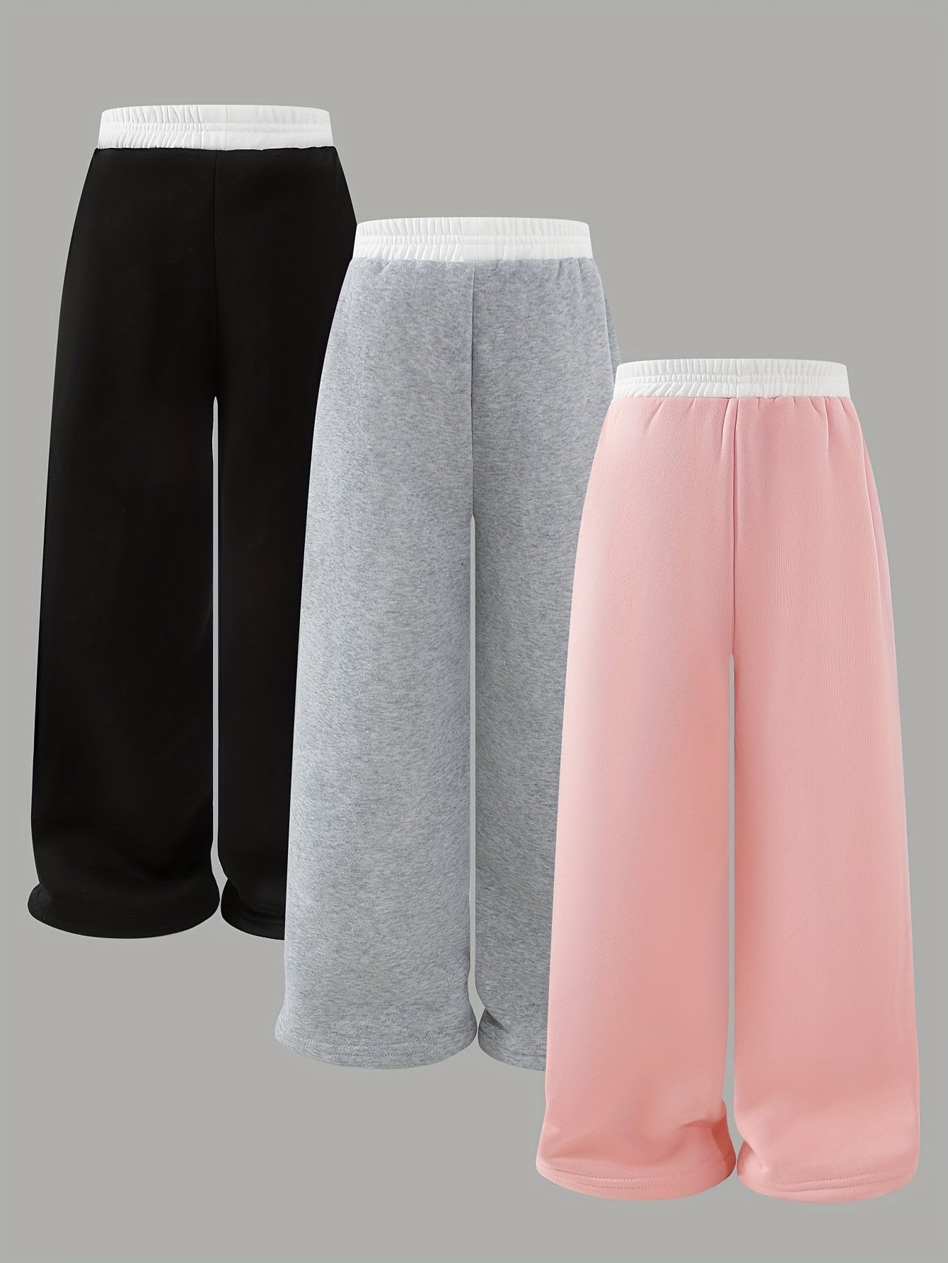 Girls' Fashion Autumn and Winter Thickened Fleece Sweatshirt with Side Pockets and Straight-Leg Pants Set of 3pcs in White,