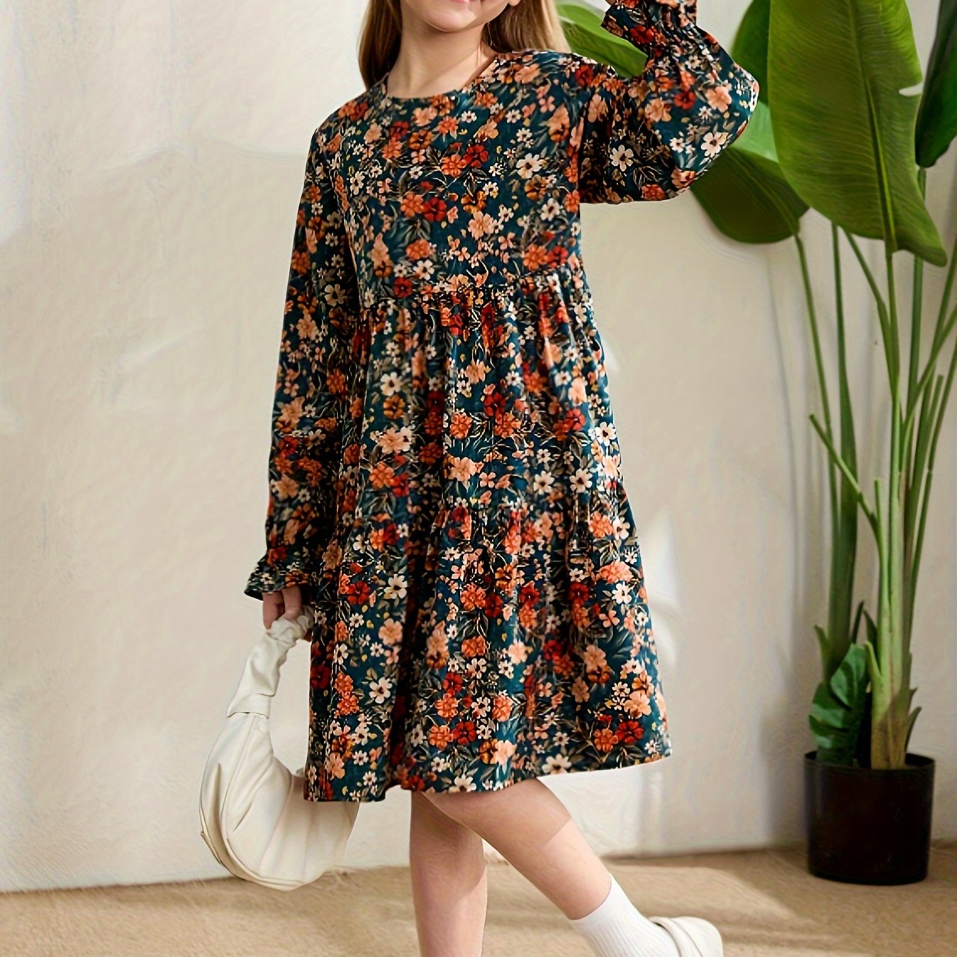 Girls' Floral Print Ruffle Sleeve Dress with Ruffled Hem - Mid-Length A-Line Dress for Fall\u002FWinter, Crew Neck, Non-Stretch Fabric,
