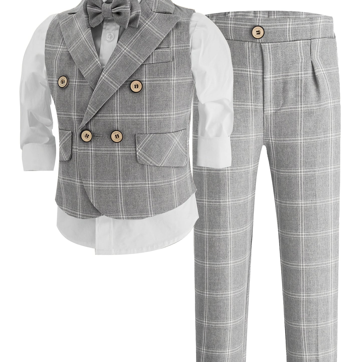 Children's Stylish Vest Suit British Style Plaid Dress for Boys Piano Performance Wedding Flower Boy 3pcs Set with Vest + Pants + Bow Tie,