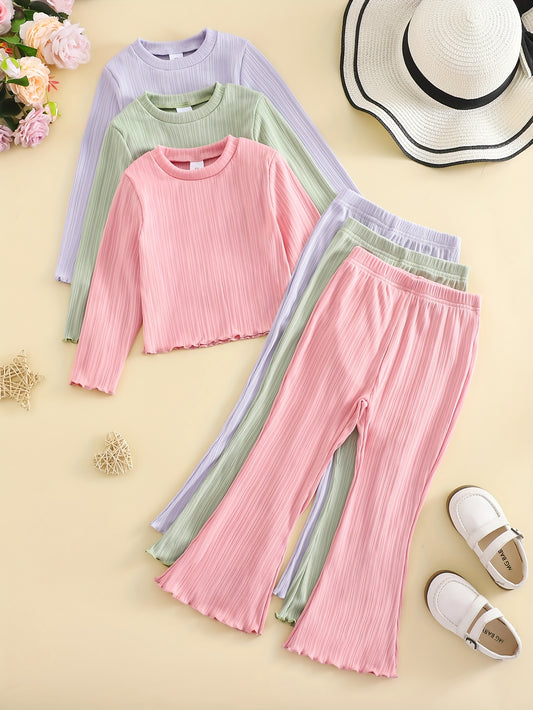 3pcs Set, Cute Girls' Casual Solid Long-Sleeve T-Shirt And Pants Set, Girls' Fashion Casual 2pcs Set, Suitable for Outdoor Sports