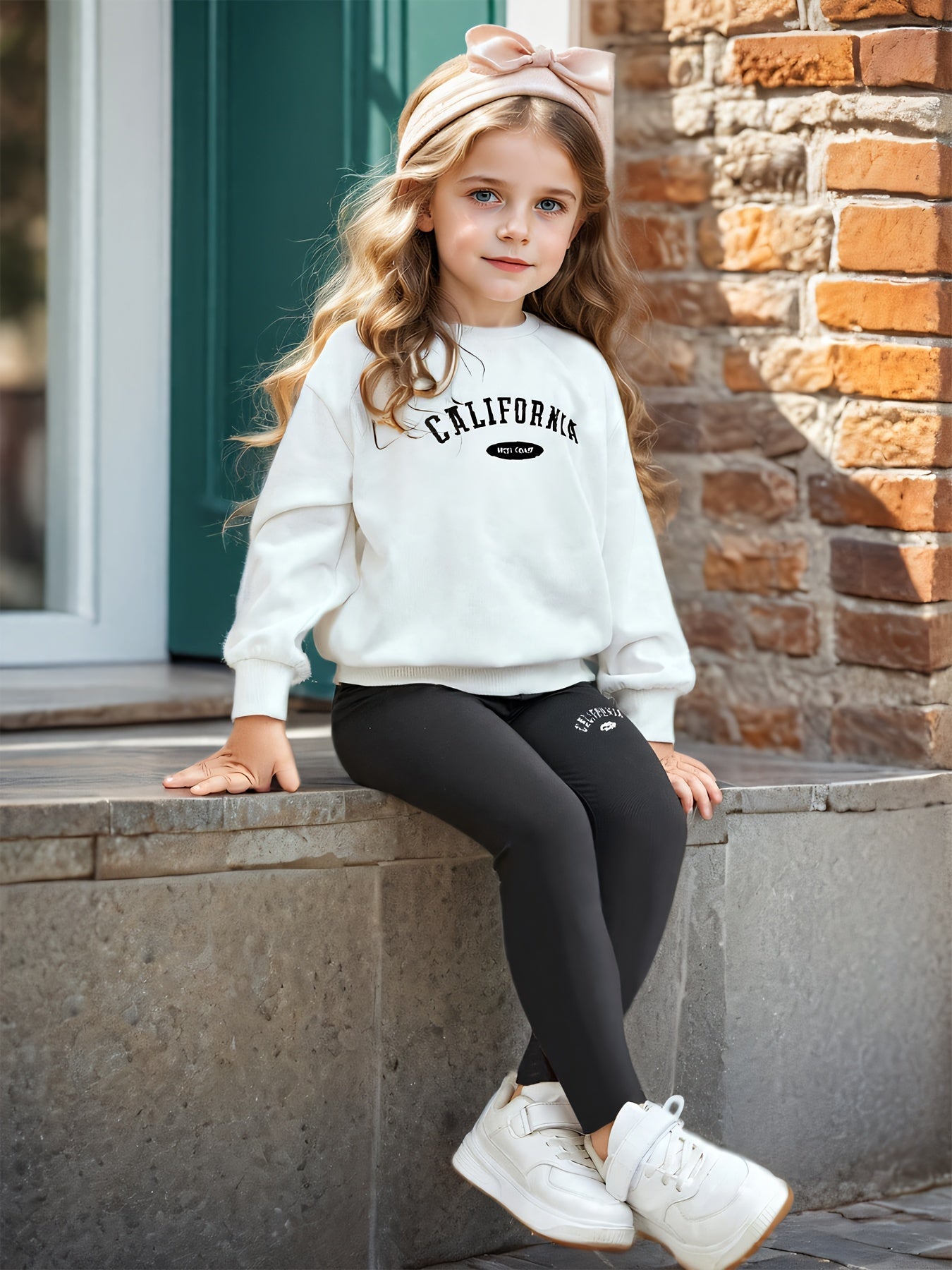 Girls' Vintage Letter Print Sweatshirt and Leggings Set, Polyester Blend, Casual Style, Machine Washable