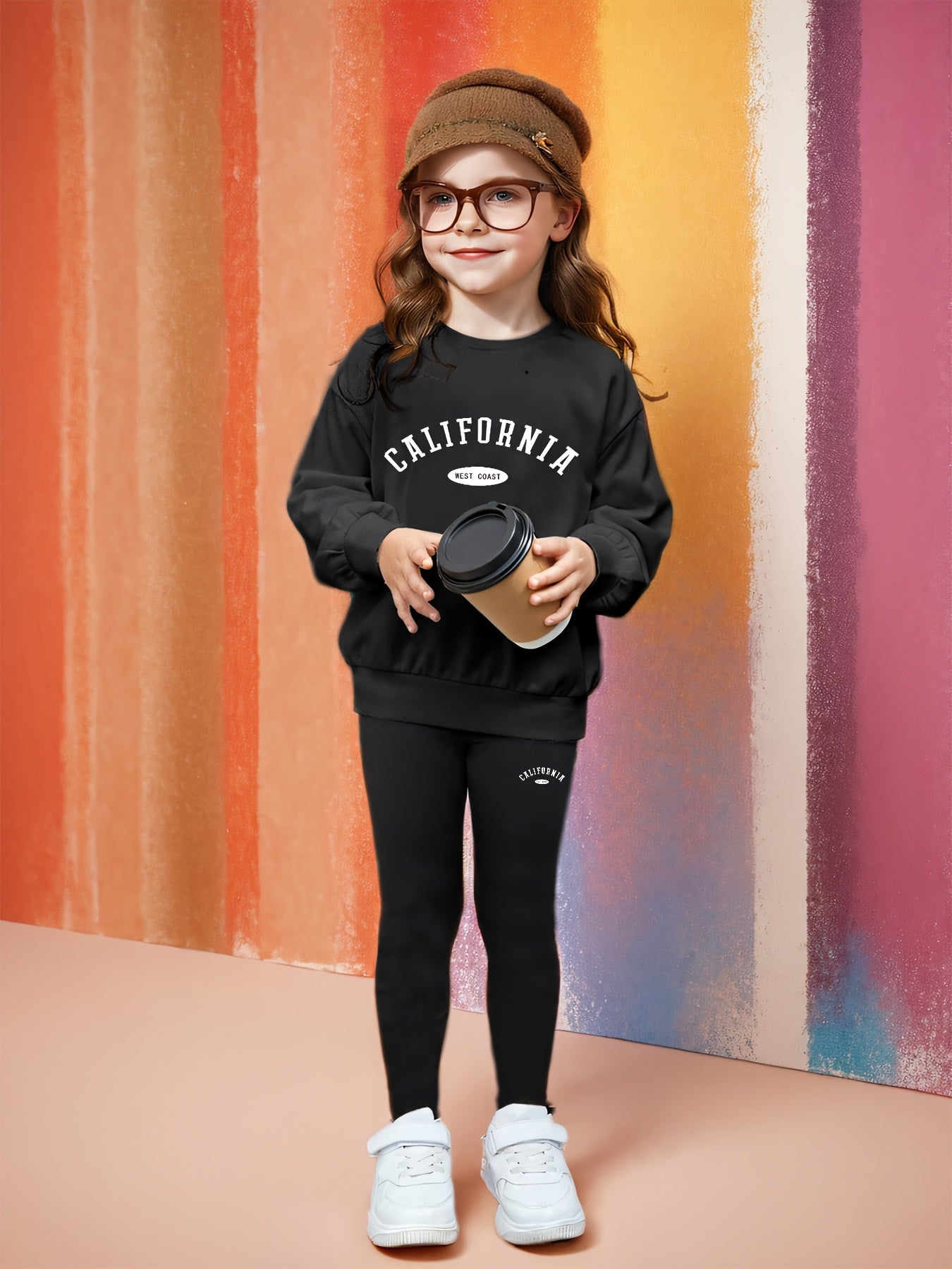 Girls' Vintage Letter Print Sweatshirt and Leggings Set, Polyester Blend, Casual Style, Machine Washable