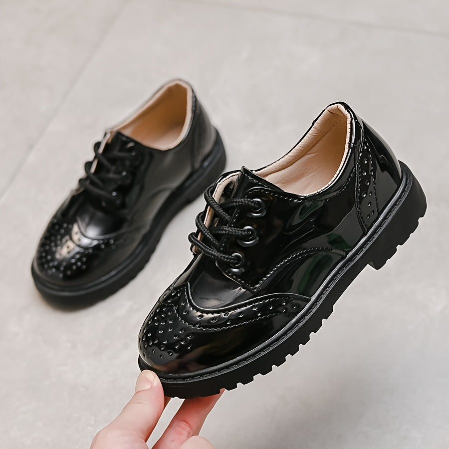 Boys' School Style Lace-Up Shoes - Black & White Faux Cover Dress Shoes with Soft Sole, Round Toe, and Decorative Perforations for Weddings, Parties