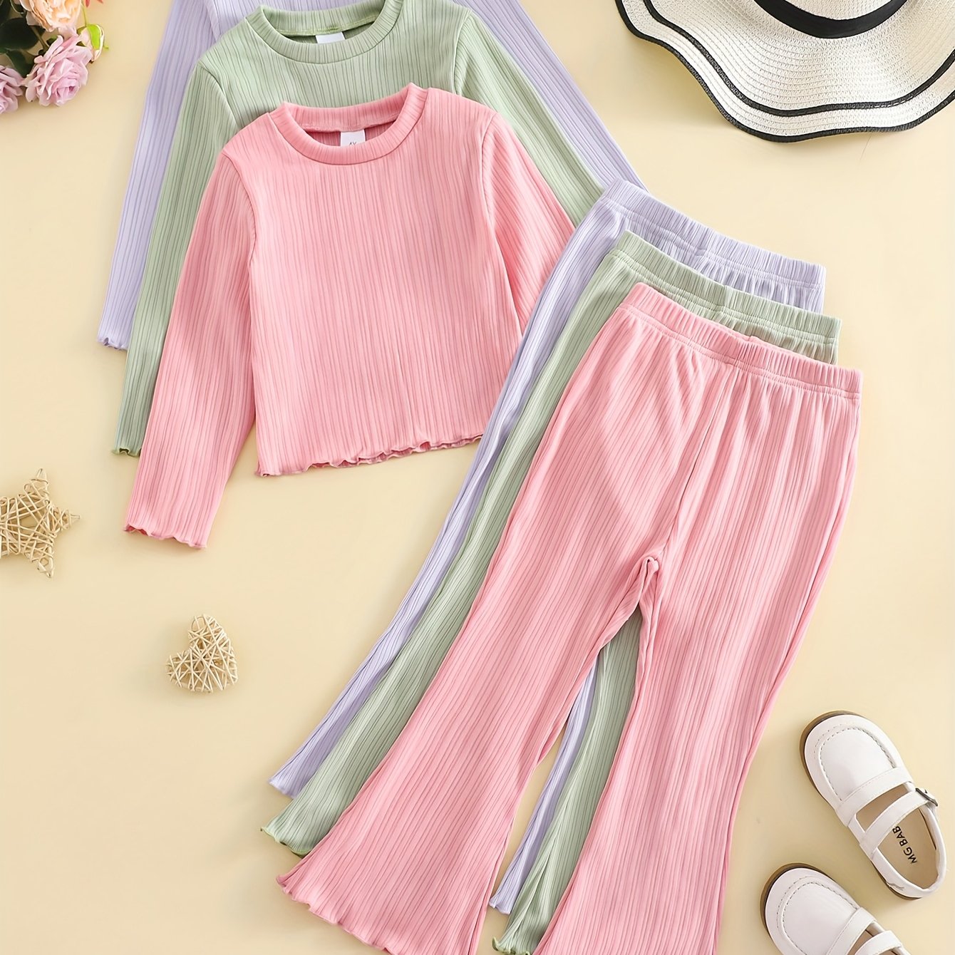 3pcs Set, Cute Girls' Casual Solid Long-Sleeve T-Shirt And Pants Set, Girls' Fashion Casual 2pcs Set, Suitable for Outdoor Sports