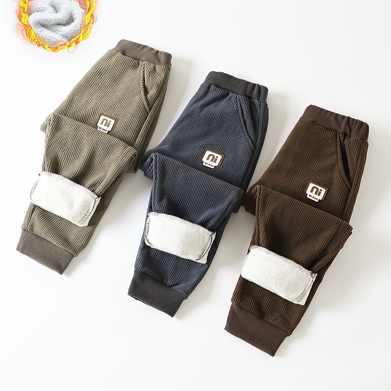 Boys' 3pcs Warm Fashion Casual Sports Pants with Pockets, Corduroy Blend Fleece Lined Fabric for Outdoor Autumn\u002FWinter