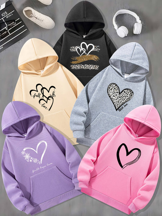 Girls' 5pcs Heart & Snowflake Print Hoodie Set, Long Sleeve Casual Polyester Blend, Machine Washable,