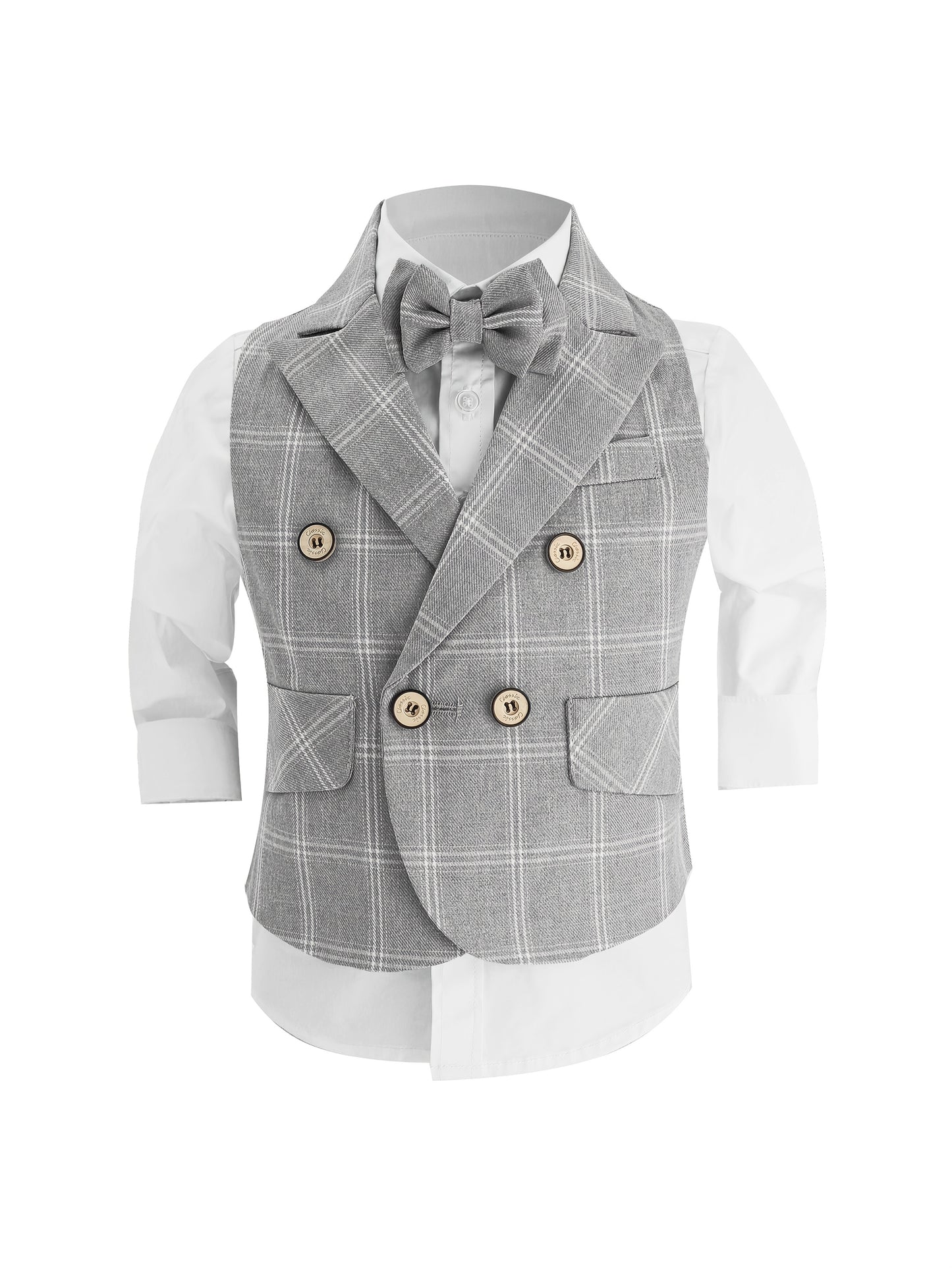 Children's Stylish Vest Suit British Style Plaid Dress for Boys Piano Performance Wedding Flower Boy 3pcs Set with Vest + Pants + Bow Tie,