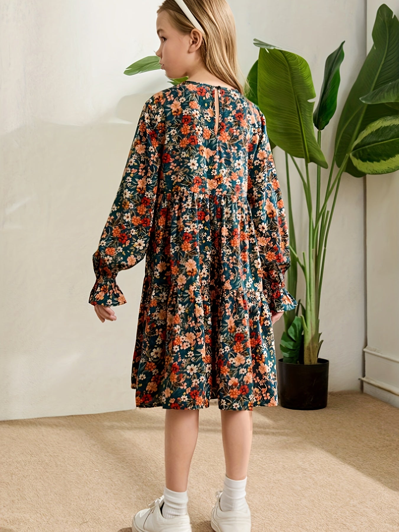 Girls' Floral Print Ruffle Sleeve Dress with Ruffled Hem - Mid-Length A-Line Dress for Fall\u002FWinter, Crew Neck, Non-Stretch Fabric,