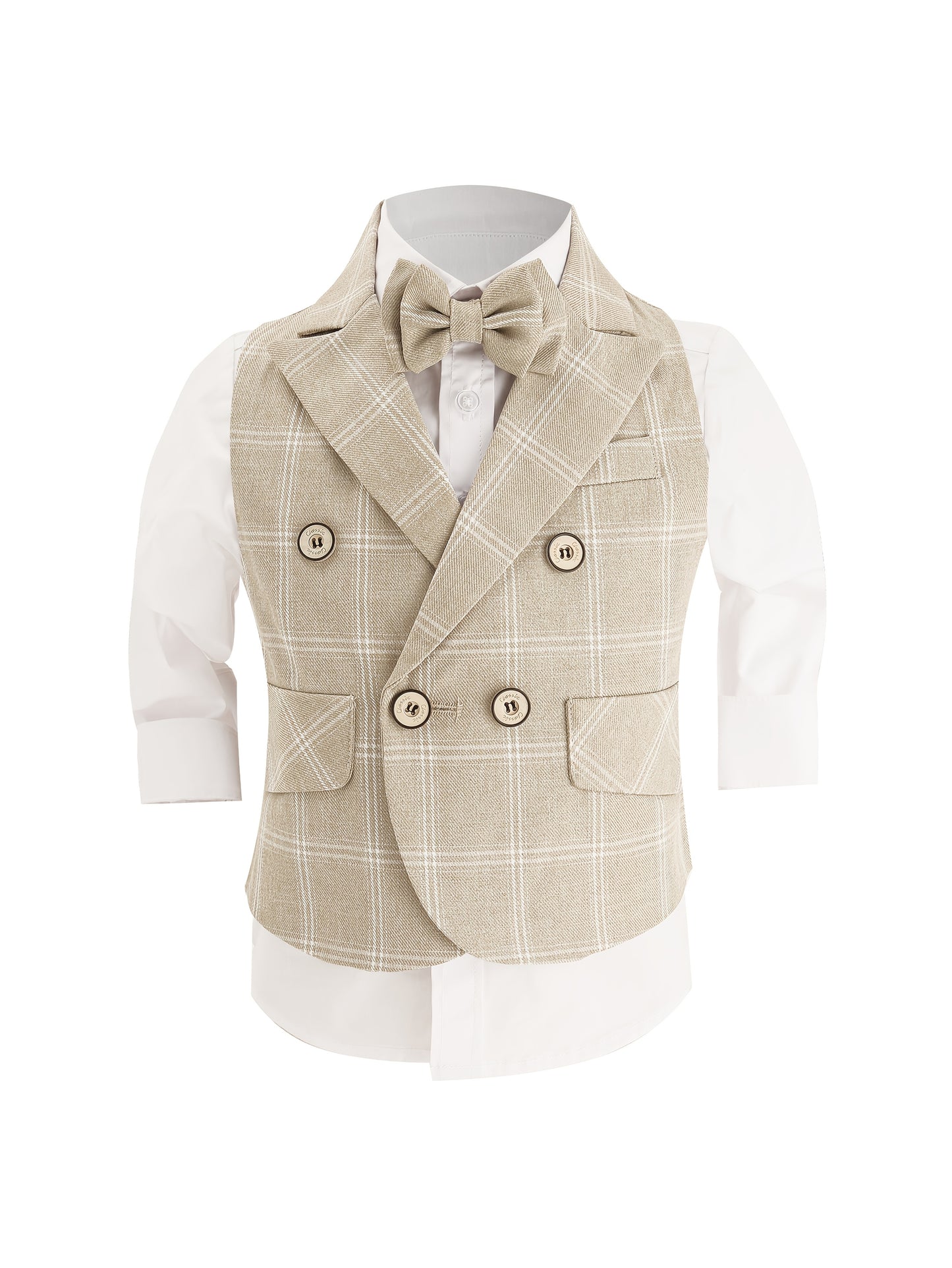 Children's Stylish Vest Suit British Style Plaid Dress for Boys Piano Performance Wedding Flower Boy 3pcs Set with Vest + Pants + Bow Tie,