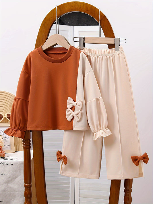 Girls' Spring and Autumn Fashion Two-Piece Set: Two-tone Spliced Long-sleeved Round Neck Bow Top + Slit Leggings with Bow Wide-leg Trousers,