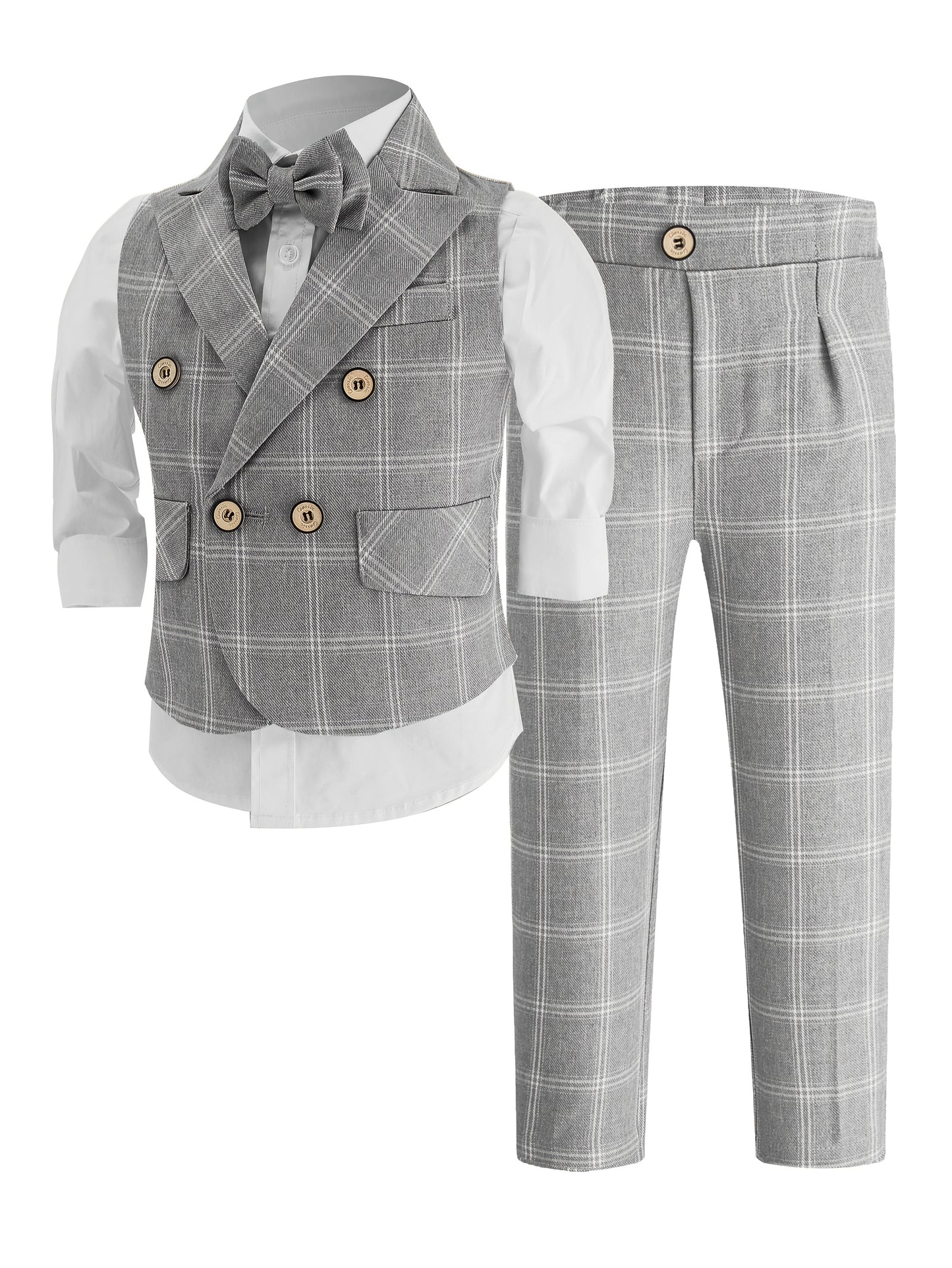 Children's Stylish Vest Suit British Style Plaid Dress for Boys Piano Performance Wedding Flower Boy 3pcs Set with Vest + Pants + Bow Tie,