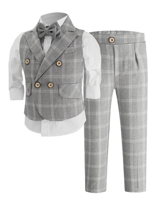 Children's Stylish Vest Suit British Style Plaid Dress for Boys Piano Performance Wedding Flower Boy 3pcs Set with Vest + Pants + Bow Tie,
