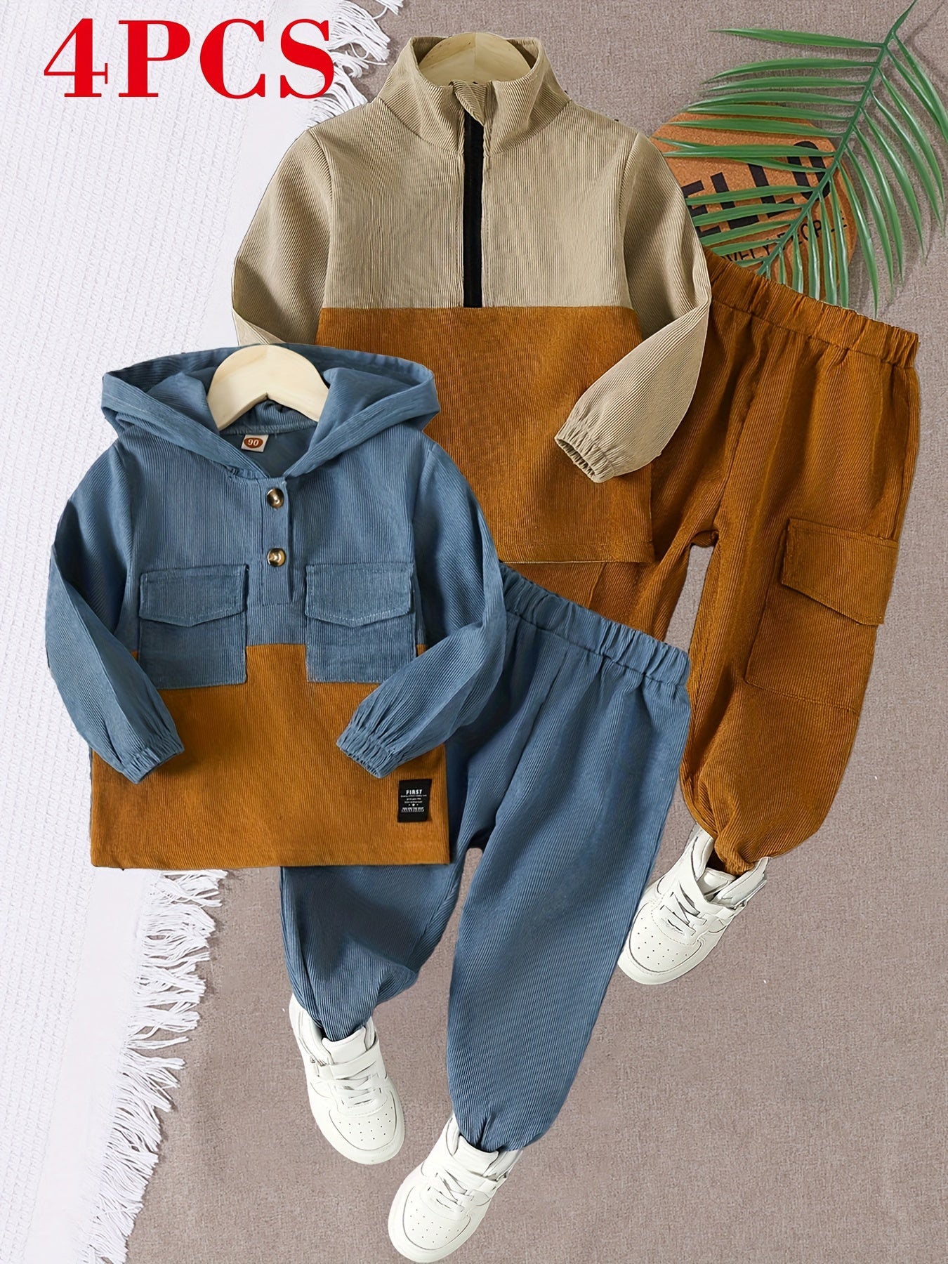 2 Sets Corduroy Sweatshirt Set 2 Sets Boy's Casual Corduroy Long Sleeve Sweatshirt & Elastic Waist Pants Set | For Autumn And Winter &
