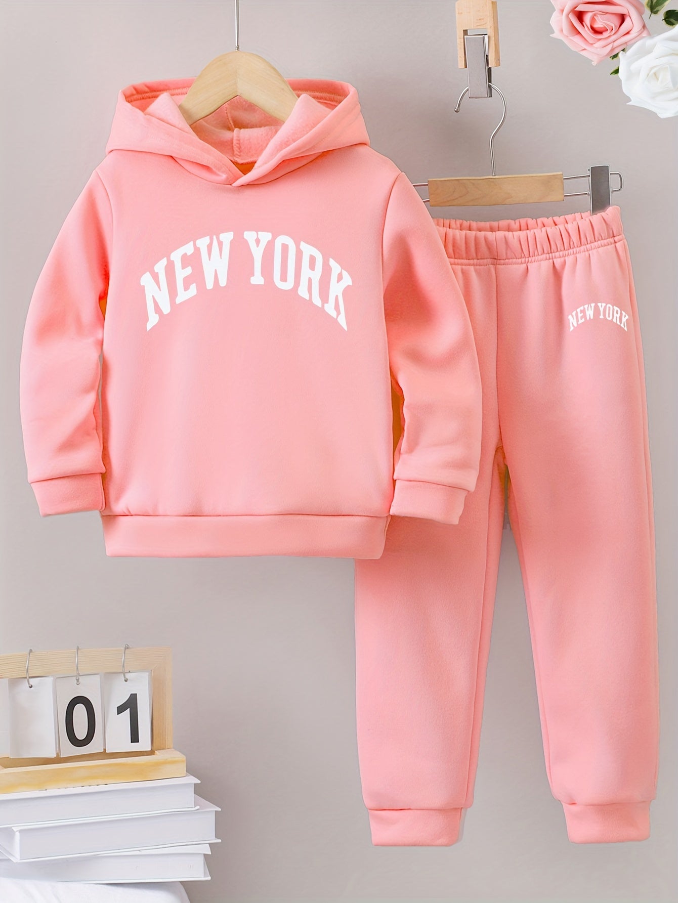 Girls Autumn and Winter Six-piece Set with English Pattern Print, Warm and Fleece-lined