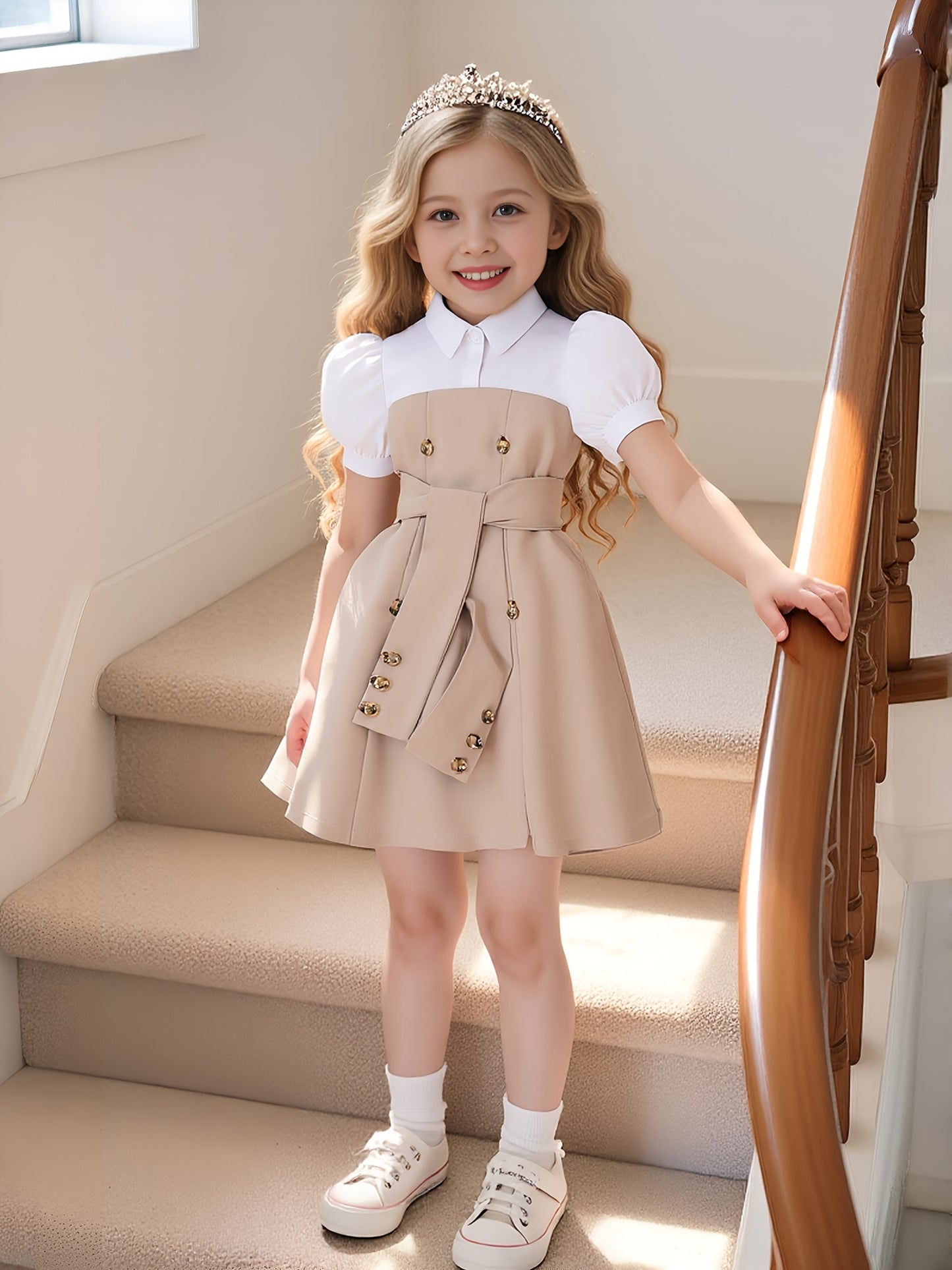 This double-breasted retro puffed-sleeve dress features a combination of white and khaki colors. The dress is simple and elegant,