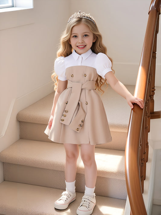 This double-breasted retro puffed-sleeve dress features a combination of white and khaki colors. The dress is simple and elegant,