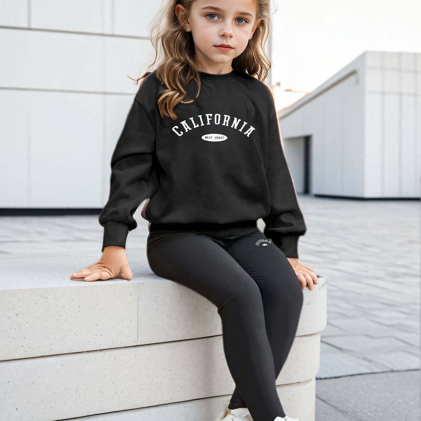 Girls' Vintage Letter Print Sweatshirt and Leggings Set, Polyester Blend, Casual Style, Machine Washable