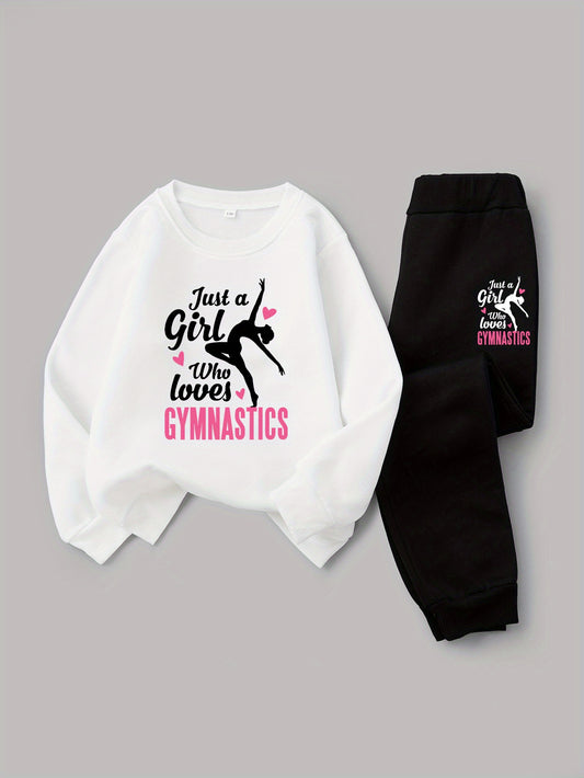 Cozy & Cute Girls' 2pcs Set: 'Just A Girl Who Loves Gymnastics' Printed Sweatshirt and Fleece-Lined Joggers - Perfect for Fall\u002FWinter, Round Neck,