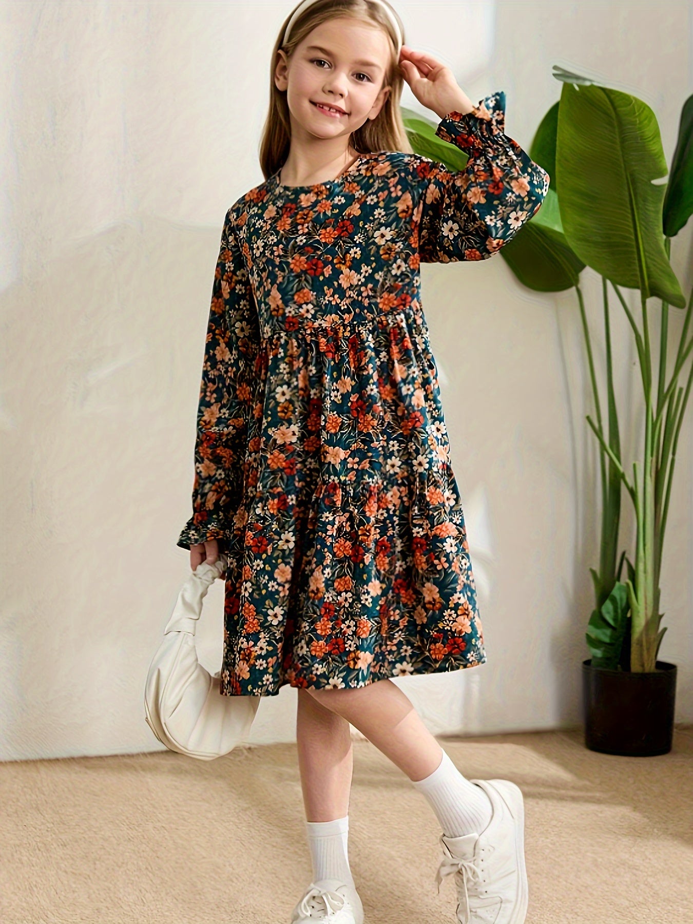 Girls' Floral Print Ruffle Sleeve Dress with Ruffled Hem - Mid-Length A-Line Dress for Fall\u002FWinter, Crew Neck, Non-Stretch Fabric,