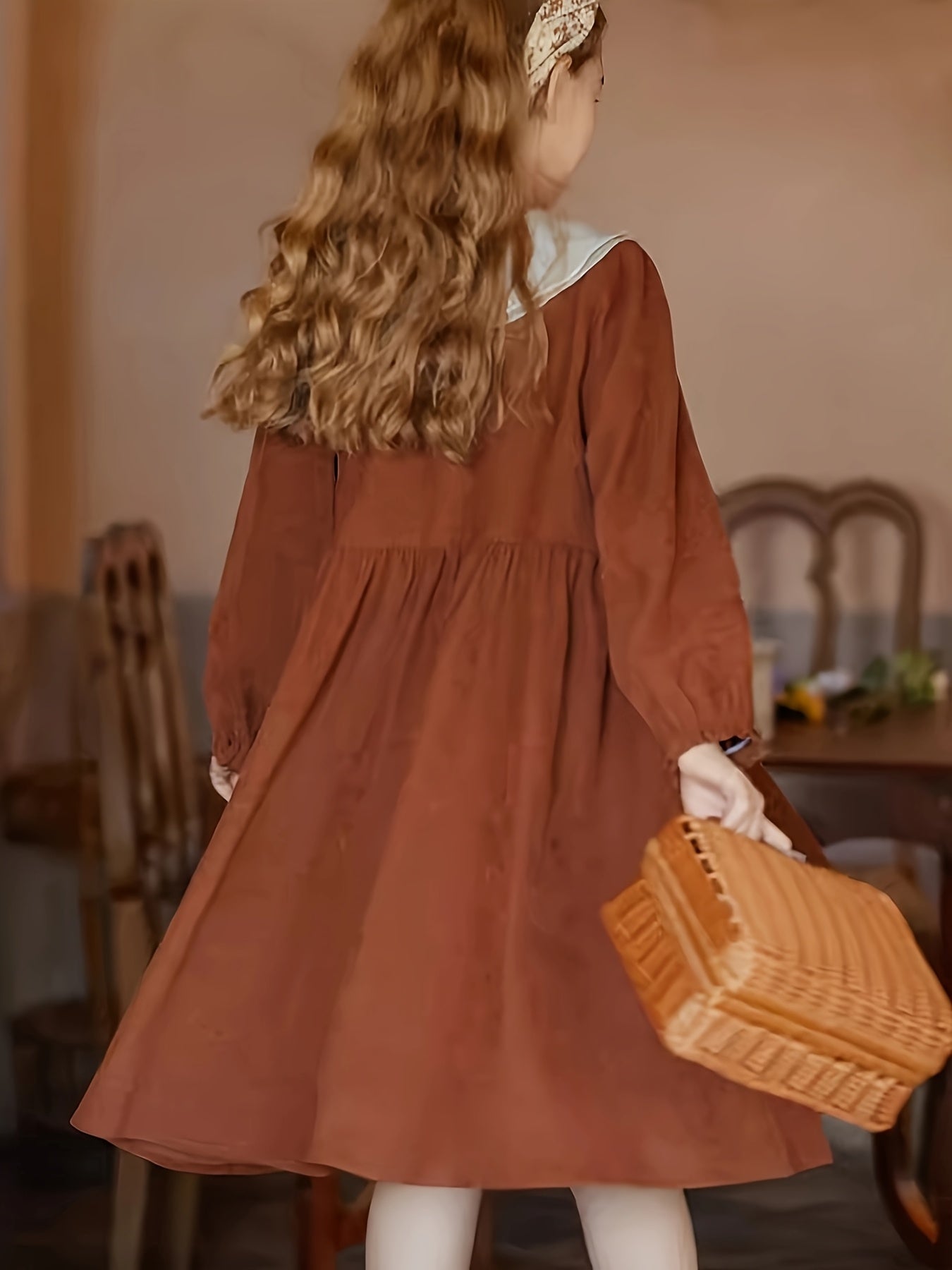 Charming Vintage-Inspired Girls' Long Sleeve Dress - Loose Fit, Mid-Length Spring\u002FFall Outfit with Button Details, Polyester, Brown, Ruffled Collar Dress