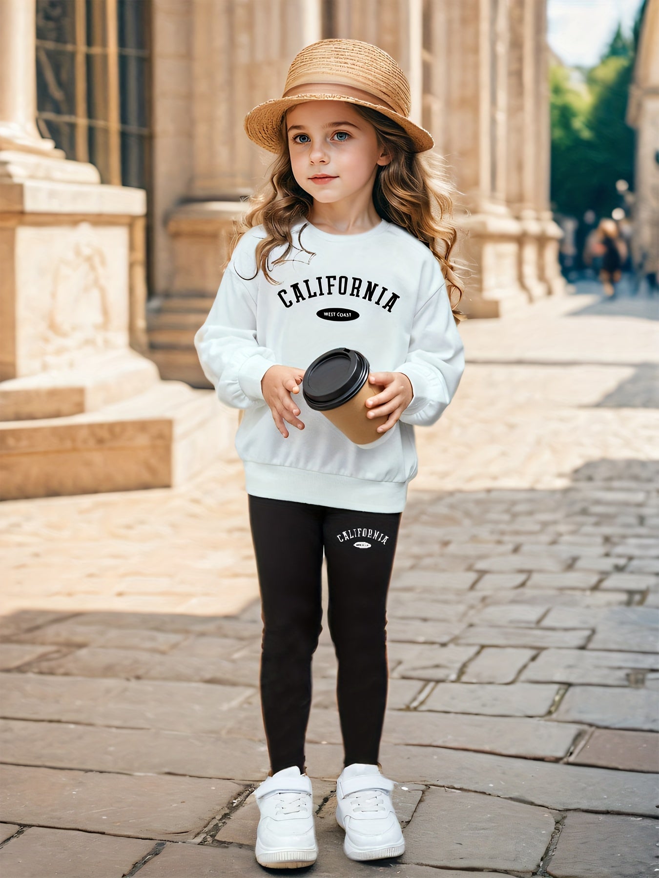 Girls' Vintage Letter Print Sweatshirt and Leggings Set, Polyester Blend, Casual Style, Machine Washable