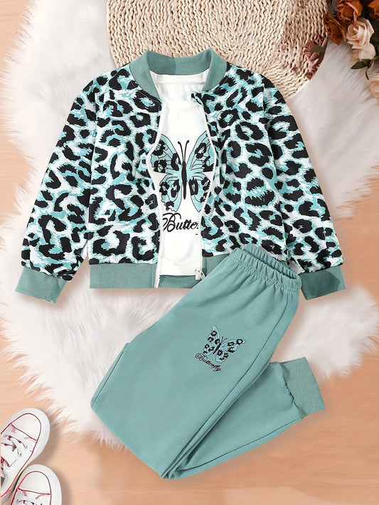 Fashion Jacket Set Three-Piece Set Girls' Fashion Leopard Print Jacket with Butterfly Pattern Long Sleeve & Casual Pants
