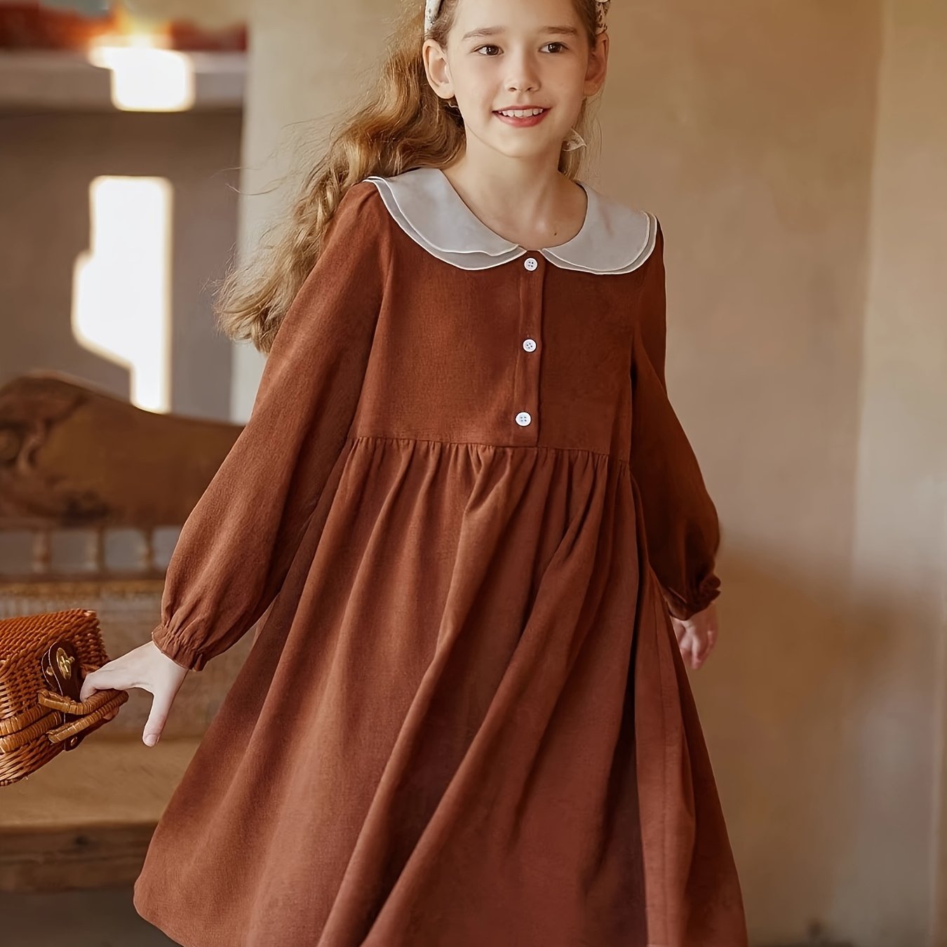 Charming Vintage-Inspired Girls' Long Sleeve Dress - Loose Fit, Mid-Length Spring\u002FFall Outfit with Button Details, Polyester, Brown, Ruffled Collar Dress