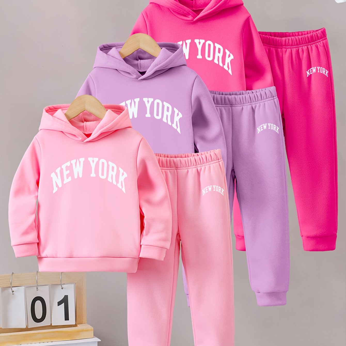 Girls Autumn and Winter Six-piece Set with English Pattern Print, Warm and Fleece-lined