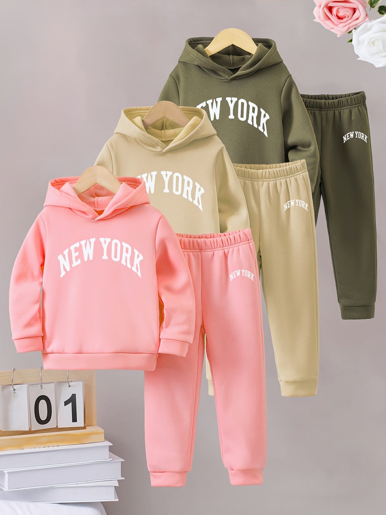 Girls Autumn and Winter Six-piece Set with English Pattern Print, Warm and Fleece-lined